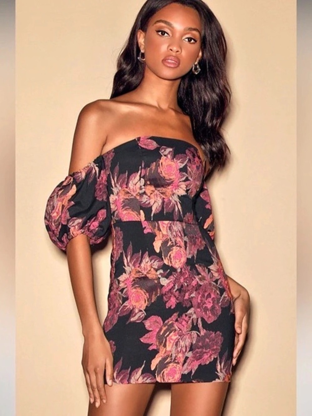 Lulus Head Turnin' Black Floral Print Off-The-Shoulder Bodycon Dress Mini Dress